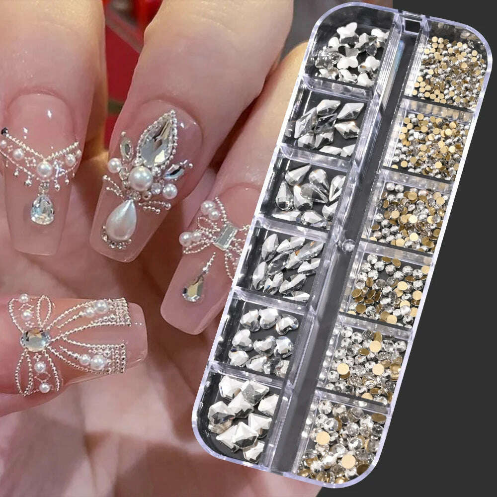 KIMLUD, 12Grids Pink Mixed Nail Rhinestones Luxury Nail Charms Glitter Crystal Jewelry Gems Nail Art Decoration Manicure Rhinestones R#Q, PH140-08, KIMLUD Womens Clothes