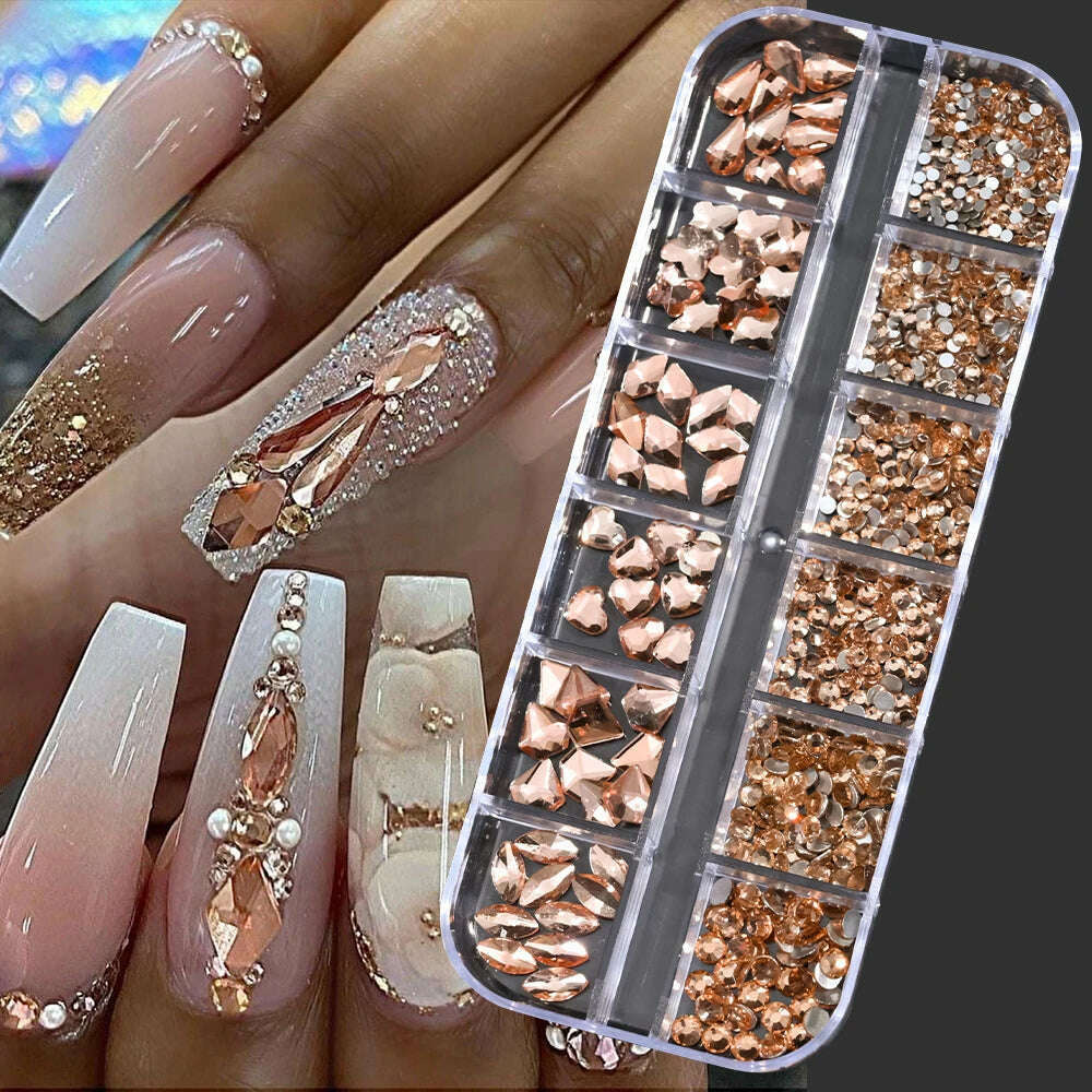 KIMLUD, 12Grids Pink Mixed Nail Rhinestones Luxury Nail Charms Glitter Crystal Jewelry Gems Nail Art Decoration Manicure Rhinestones R#Q, PH140-07, KIMLUD Womens Clothes