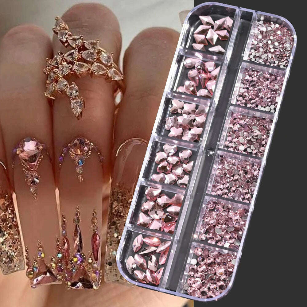 KIMLUD, 12Grids Pink Mixed Nail Rhinestones Luxury Nail Charms Glitter Crystal Jewelry Gems Nail Art Decoration Manicure Rhinestones R#Q, PH140-09, KIMLUD Womens Clothes