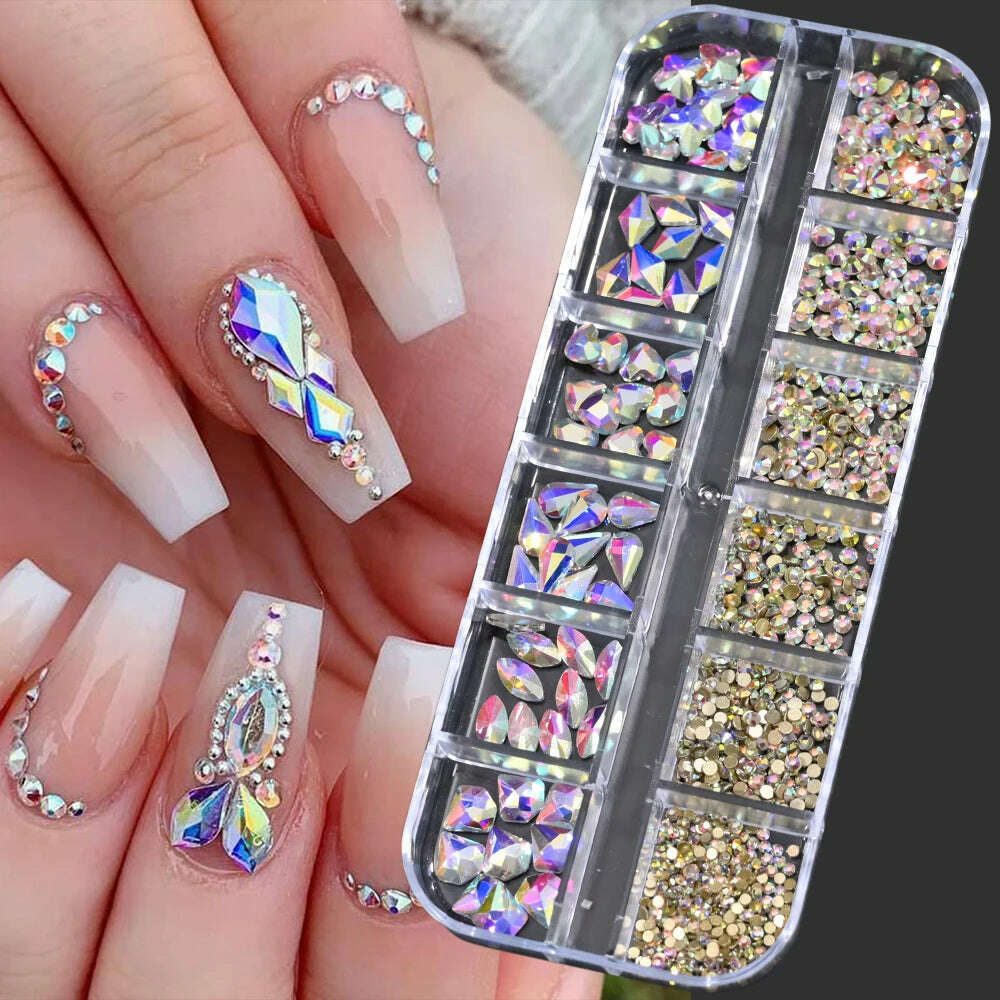 KIMLUD, 12Grids Pink Mixed Nail Rhinestones Luxury Nail Charms Glitter Crystal Jewelry Gems Nail Art Decoration Manicure Rhinestones R#Q, PH140-04, KIMLUD Womens Clothes