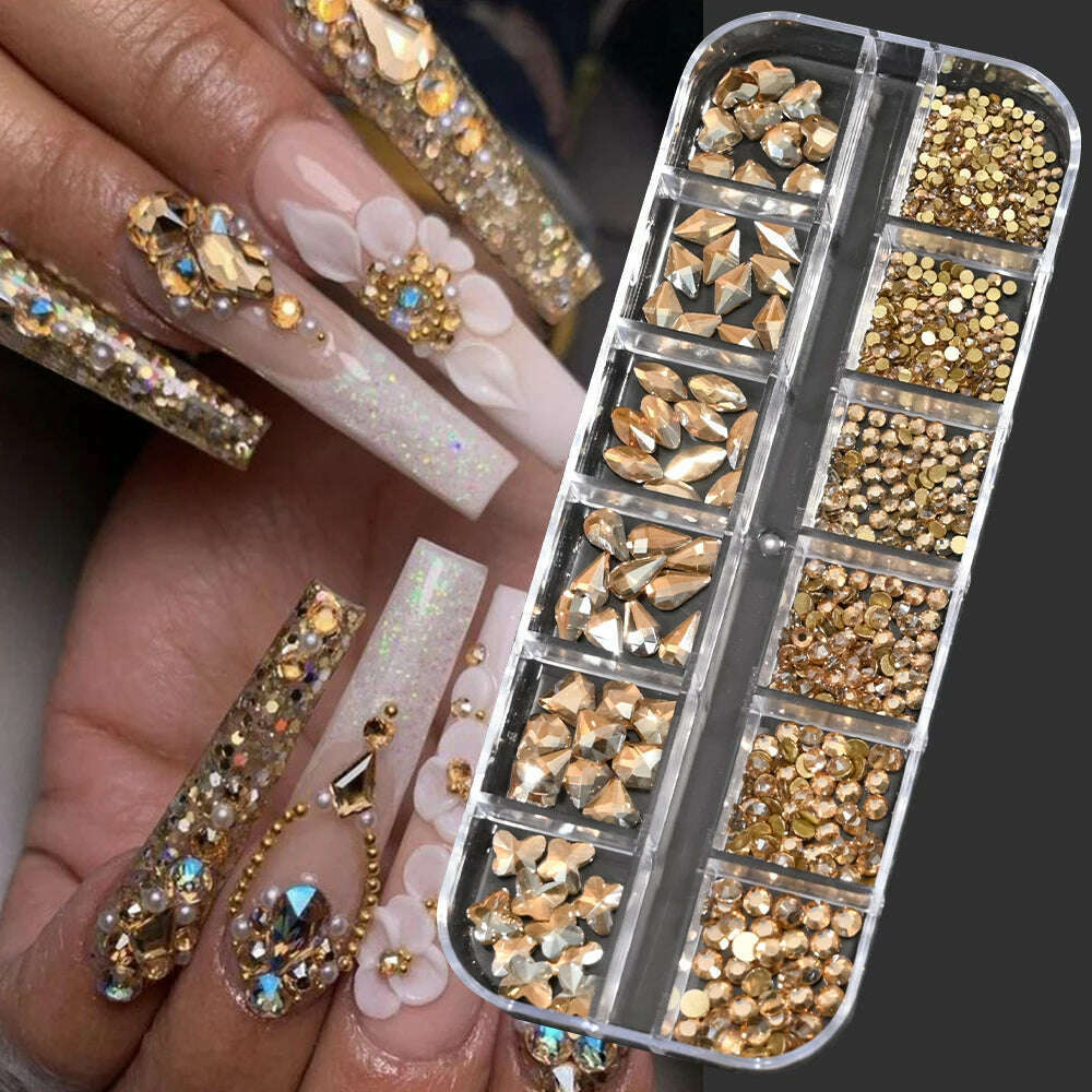 KIMLUD, 12Grids Pink Mixed Nail Rhinestones Luxury Nail Charms Glitter Crystal Jewelry Gems Nail Art Decoration Manicure Rhinestones R#Q, PH140-05, KIMLUD Womens Clothes