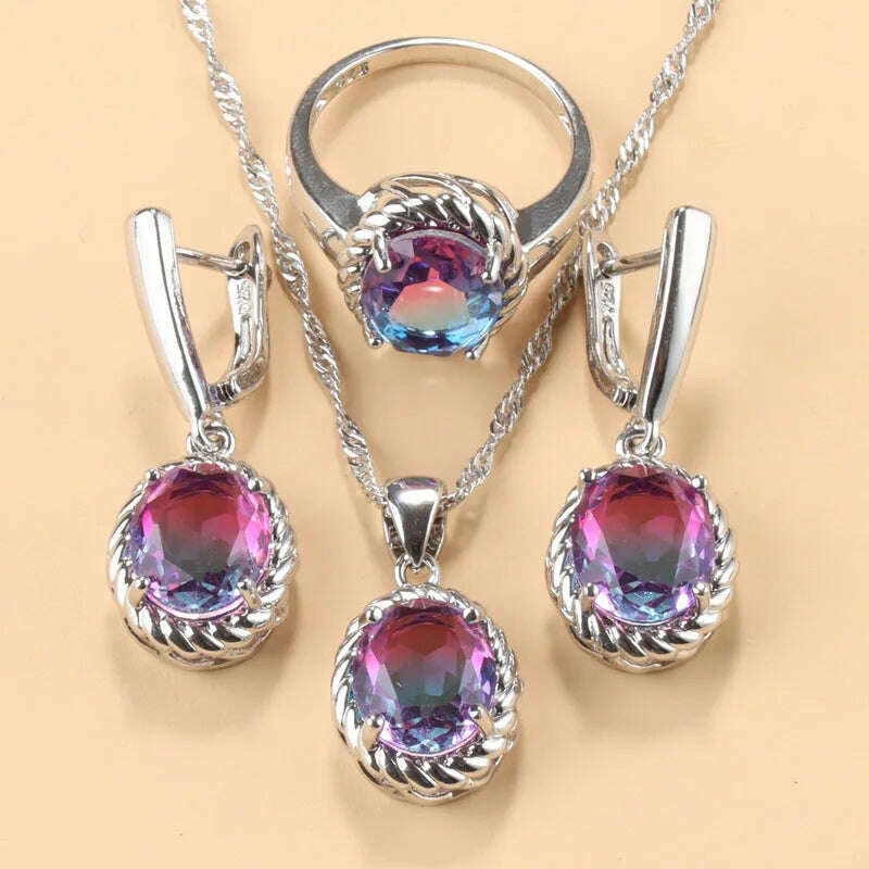 KIMLUD, 13-Colors Stone 925 Silver Bridal Jewelry Sets Wedding Ring Costume Earrings Pendant Chain Necklace For Women Christmas Gift, KIMLUD Womens Clothes