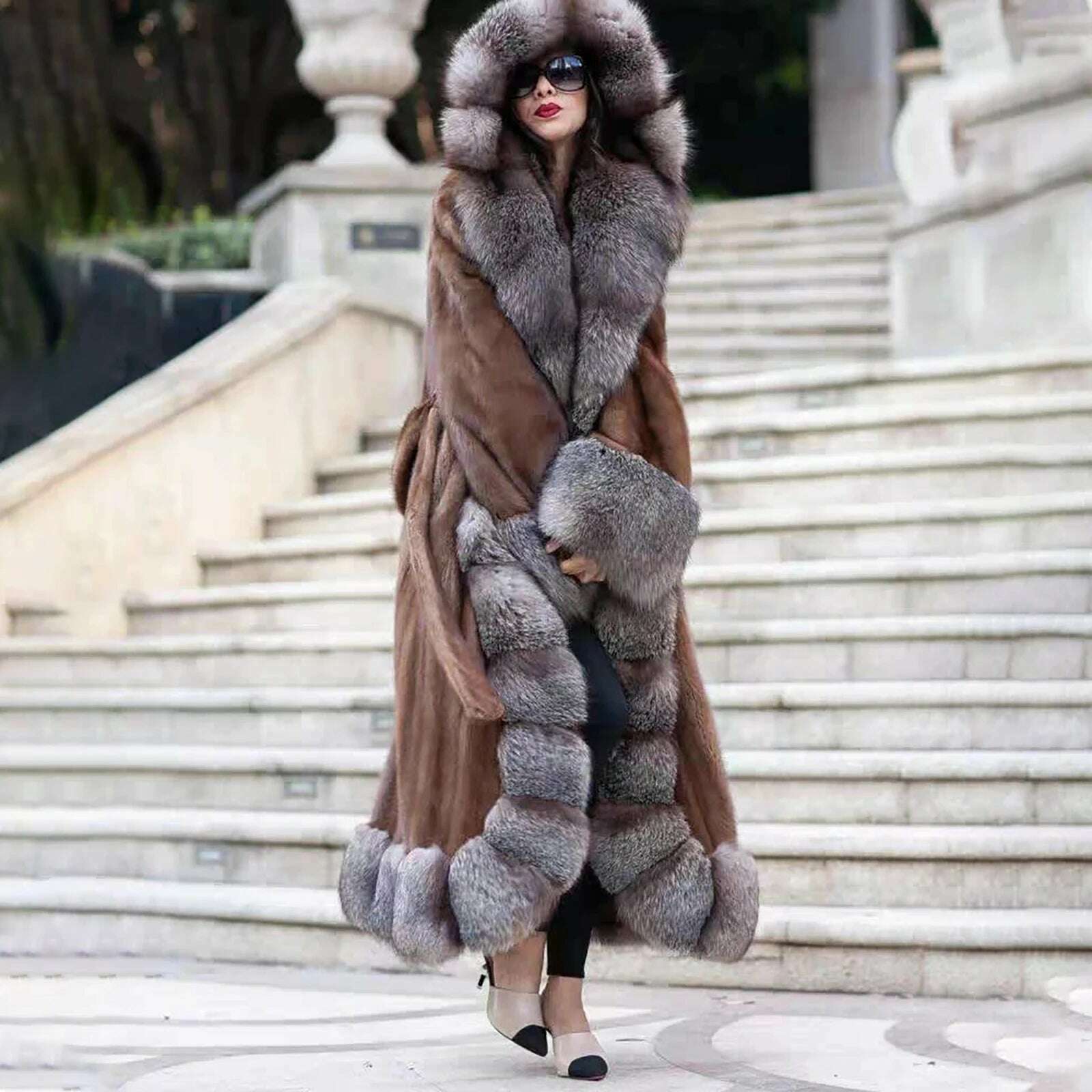 KIMLUD, 130cm Long Real Mink Fur Coat With Hood High Quality Genuine Mink Fur Crystal Fox Overcoat With Belt Trendy Fur Overcoats Woman, KIMLUD Womens Clothes