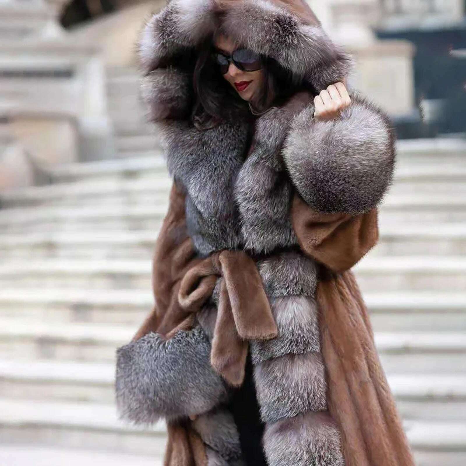 KIMLUD, 130cm Long Real Mink Fur Coat With Hood High Quality Genuine Mink Fur Crystal Fox Overcoat With Belt Trendy Fur Overcoats Woman, KIMLUD Womens Clothes