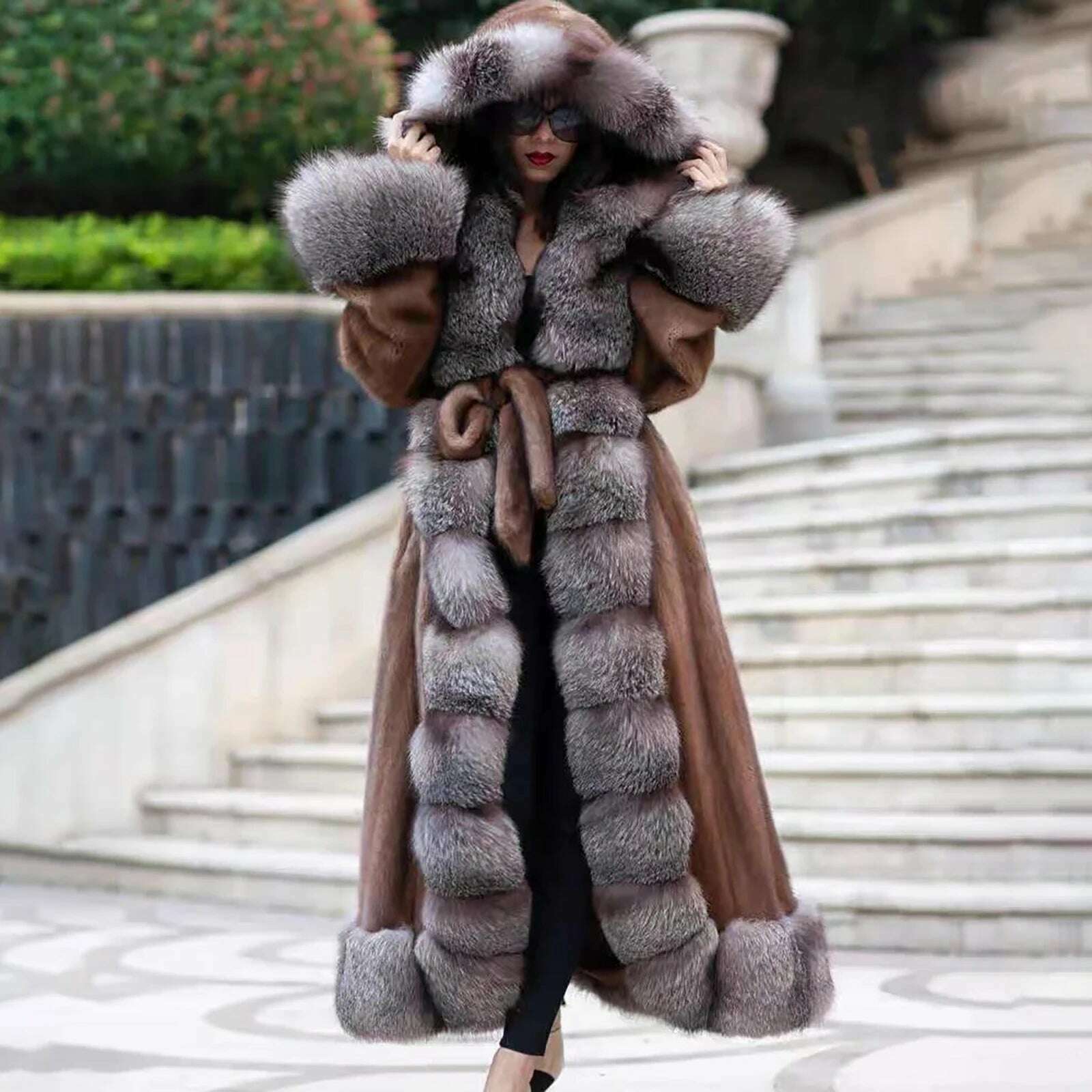 KIMLUD, 130cm Long Real Mink Fur Coat With Hood High Quality Genuine Mink Fur Crystal Fox Overcoat With Belt Trendy Fur Overcoats Woman, as picture / L, KIMLUD APPAREL - Womens Clothes