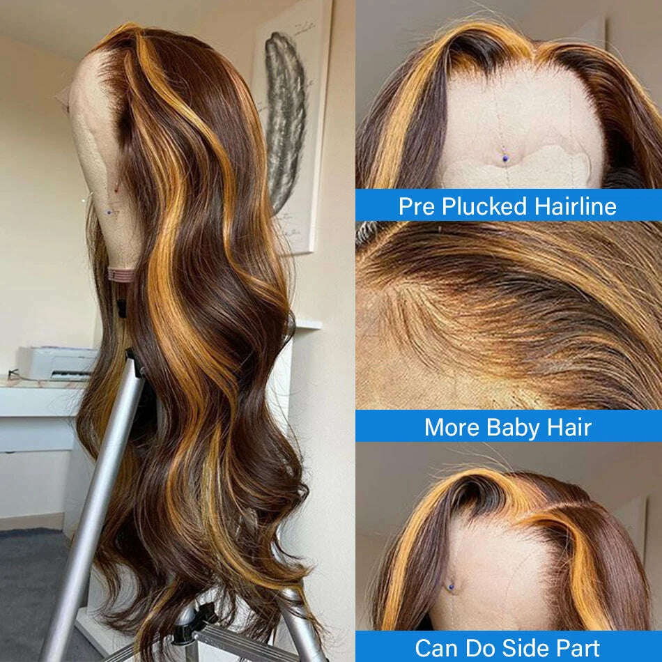 13x6 Hd Highlight Wig Human Hair Ombre Honey Blonde Colored 4x4 Closure Wigs For Women 34 30 Inch 13x4 Body Wave Lace Front Wig - KIMLUD