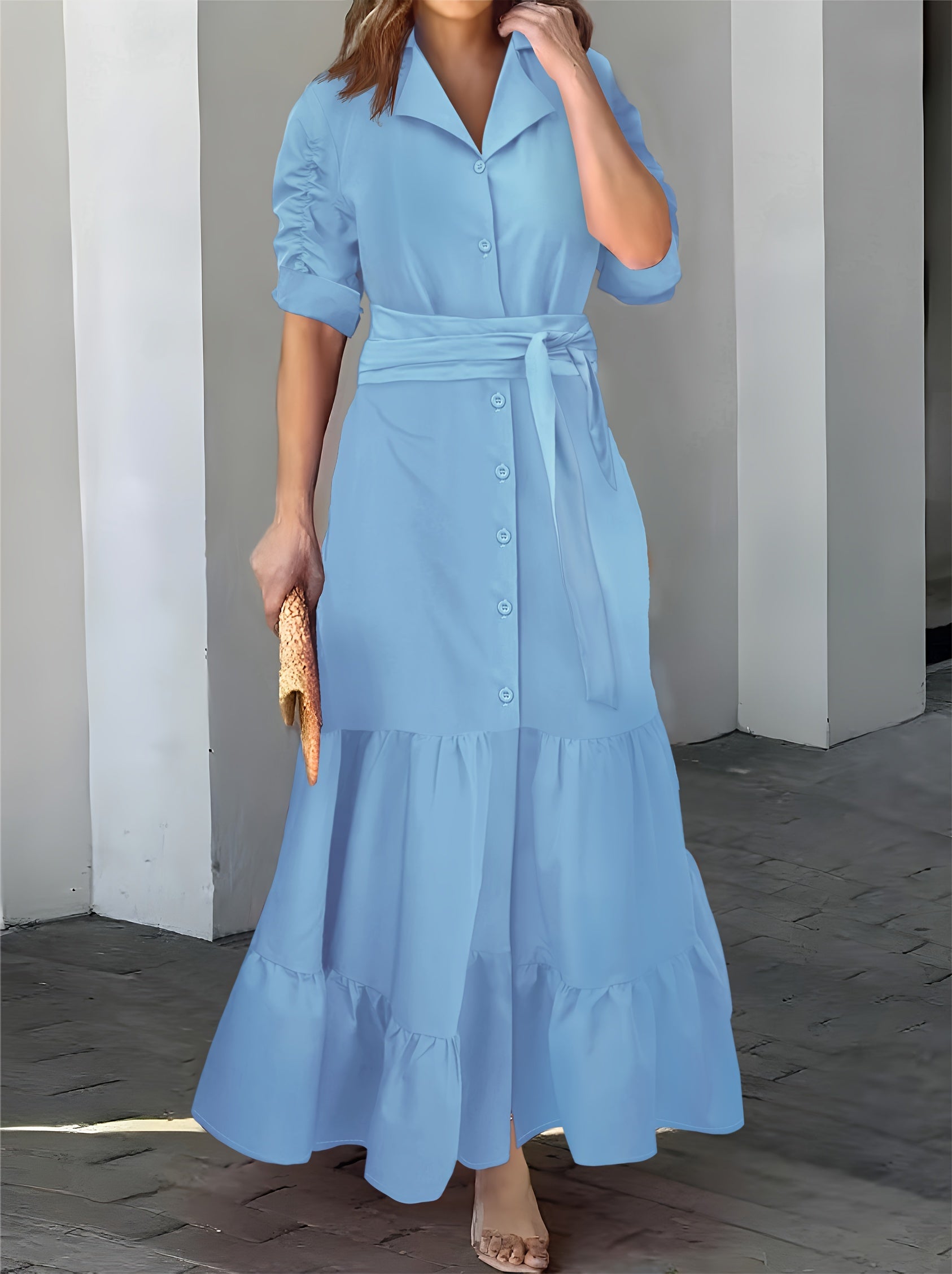 Stunning Ruffled Maxi Dress - Solid Button Front, Belted Waist, Elegant Ruched Sleeve, Flowy Design, Women's Clothing for Special Occasions