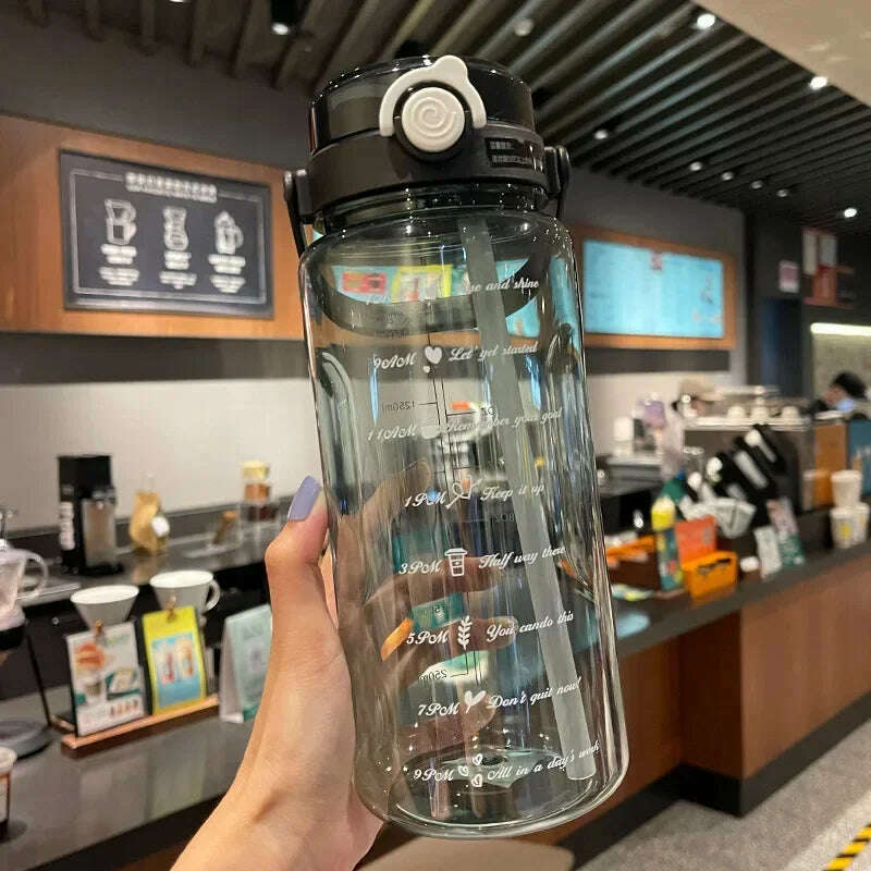 1.5/2Liter Sport Straw Water Bottle with Time Scale Plastic Summer Cold Juice Water Cup Large Capacity Portable Travel Bottles - KIMLUD