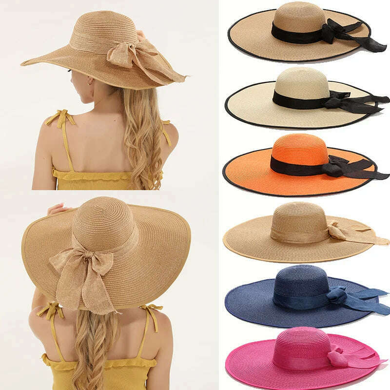 15CM Wide Brim Beach Straw Hats For Women Simple Foldable Summer Outing Sun Hat Fashion Flat Brom Bowknot Uv Protection Panama - KIMLUD