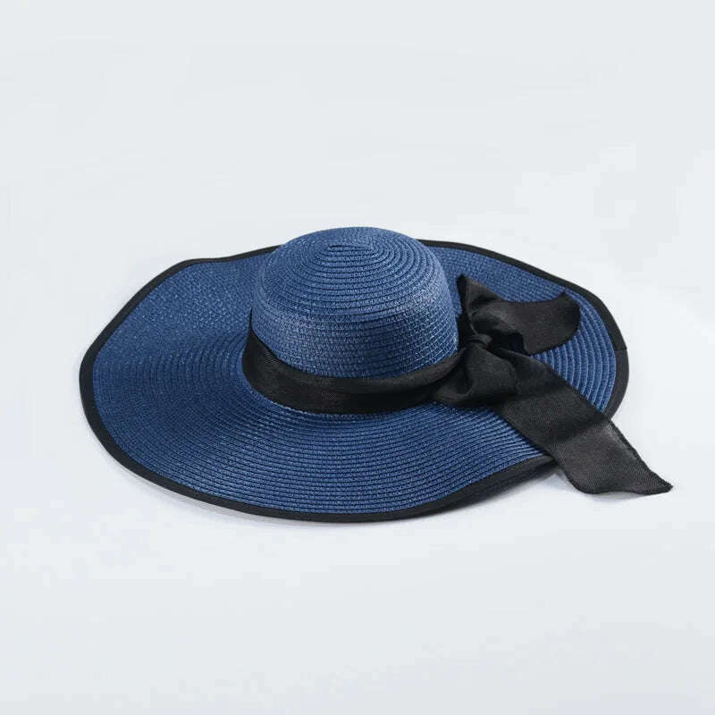 KIMLUD, 15CM Wide Brim Beach Straw Hats For Women Simple Foldable Summer Outing Sun Hat Fashion Flat Brom Bowknot Uv Protection Panama, navy blue-black, KIMLUD Women's Clothes