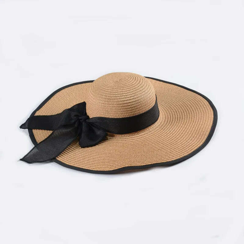 KIMLUD, 15CM Wide Brim Beach Straw Hats For Women Simple Foldable Summer Outing Sun Hat Fashion Flat Brom Bowknot Uv Protection Panama, Khaki -black, KIMLUD Womens Clothes