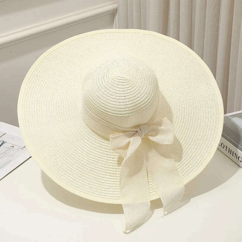 KIMLUD, 15CM Wide Brim Beach Straw Hats For Women Simple Foldable Summer Outing Sun Hat Fashion Flat Brom Bowknot Uv Protection Panama, White, KIMLUD Womens Clothes