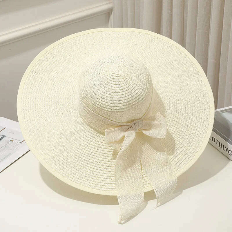 15CM Wide Brim Beach Straw Hats For Women Simple Foldable Summer Outing Sun Hat Fashion Flat Brom Bowknot Uv Protection Panama - KIMLUD