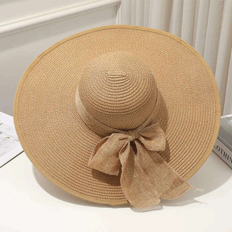 KIMLUD, 15CM Wide Brim Beach Straw Hats For Women Simple Foldable Summer Outing Sun Hat Fashion Flat Brom Bowknot Uv Protection Panama, Khaki, KIMLUD Women's Clothes