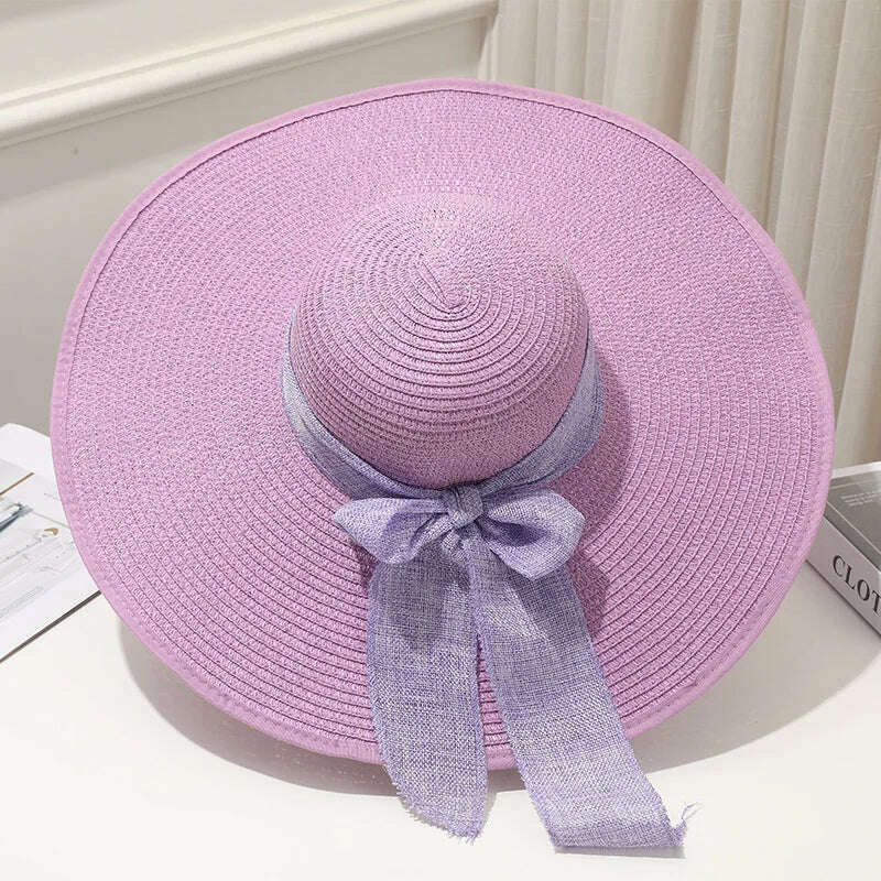 15CM Wide Brim Beach Straw Hats For Women Simple Foldable Summer Outing Sun Hat Fashion Flat Brom Bowknot Uv Protection Panama - KIMLUD