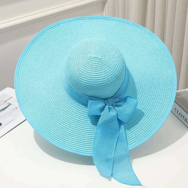 KIMLUD, 15CM Wide Brim Beach Straw Hats For Women Simple Foldable Summer Outing Sun Hat Fashion Flat Brom Bowknot Uv Protection Panama, Sky blue, KIMLUD Womens Clothes