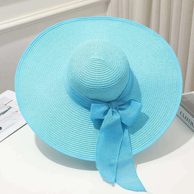 15CM Wide Brim Beach Straw Hats For Women Simple Foldable Summer Outing Sun Hat Fashion Flat Brom Bowknot Uv Protection Panama - KIMLUD