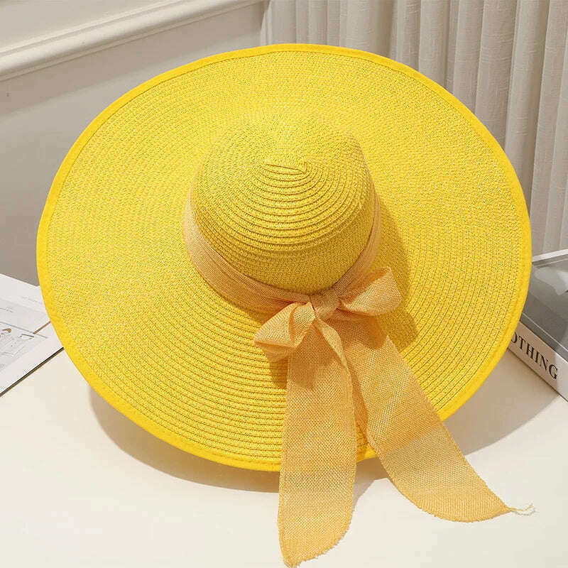 KIMLUD, 15CM Wide Brim Beach Straw Hats For Women Simple Foldable Summer Outing Sun Hat Fashion Flat Brom Bowknot Uv Protection Panama, Yellow, KIMLUD Women's Clothes