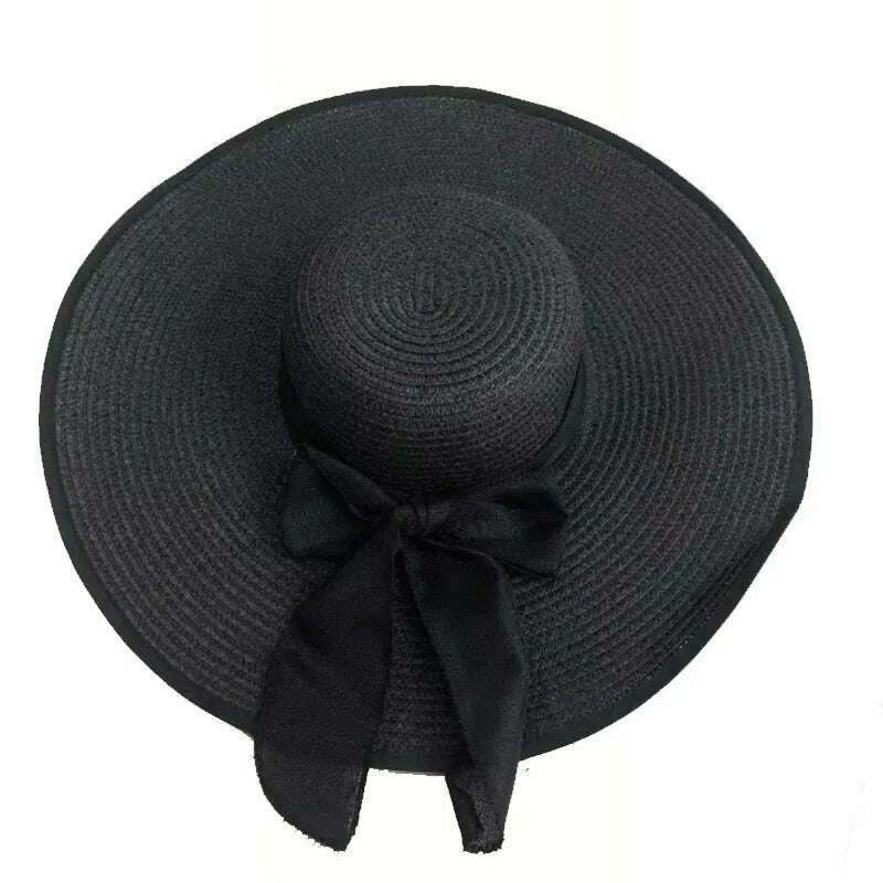 15CM Wide Brim Beach Straw Hats For Women Simple Foldable Summer Outing Sun Hat Fashion Flat Brom Bowknot Uv Protection Panama - KIMLUD