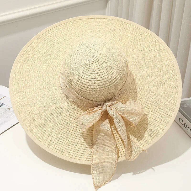 KIMLUD, 15CM Wide Brim Beach Straw Hats For Women Simple Foldable Summer Outing Sun Hat Fashion Flat Brom Bowknot Uv Protection Panama, Beige, KIMLUD Womens Clothes