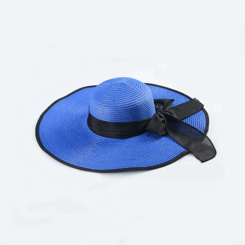 KIMLUD, 15CM Wide Brim Beach Straw Hats For Women Simple Foldable Summer Outing Sun Hat Fashion Flat Brom Bowknot Uv Protection Panama, Royal Blue-Black, KIMLUD Women's Clothes