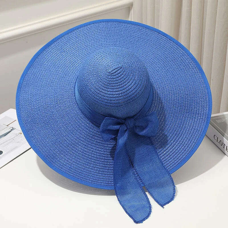 KIMLUD, 15CM Wide Brim Beach Straw Hats For Women Simple Foldable Summer Outing Sun Hat Fashion Flat Brom Bowknot Uv Protection Panama, Blue, KIMLUD Women's Clothes