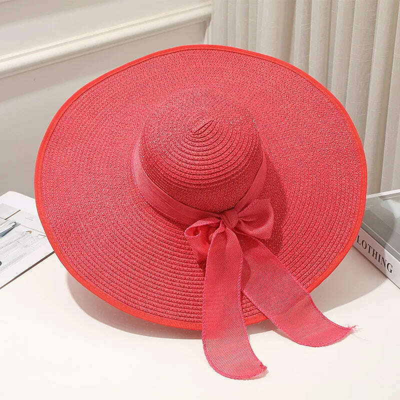 15CM Wide Brim Beach Straw Hats For Women Simple Foldable Summer Outing Sun Hat Fashion Flat Brom Bowknot Uv Protection Panama - KIMLUD