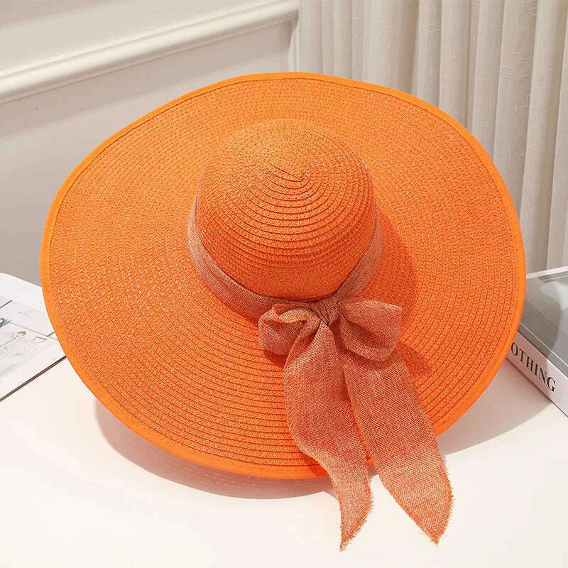 KIMLUD, 15CM Wide Brim Beach Straw Hats For Women Simple Foldable Summer Outing Sun Hat Fashion Flat Brom Bowknot Uv Protection Panama, Orange, KIMLUD Women's Clothes