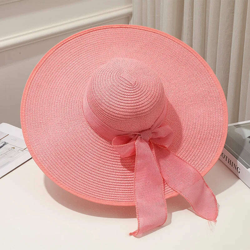 KIMLUD, 15CM Wide Brim Beach Straw Hats For Women Simple Foldable Summer Outing Sun Hat Fashion Flat Brom Bowknot Uv Protection Panama, Pink, KIMLUD Women's Clothes