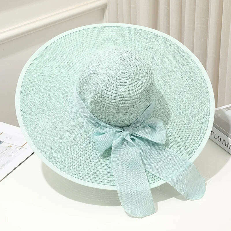KIMLUD, 15CM Wide Brim Beach Straw Hats For Women Simple Foldable Summer Outing Sun Hat Fashion Flat Brom Bowknot Uv Protection Panama, Green, KIMLUD Women's Clothes