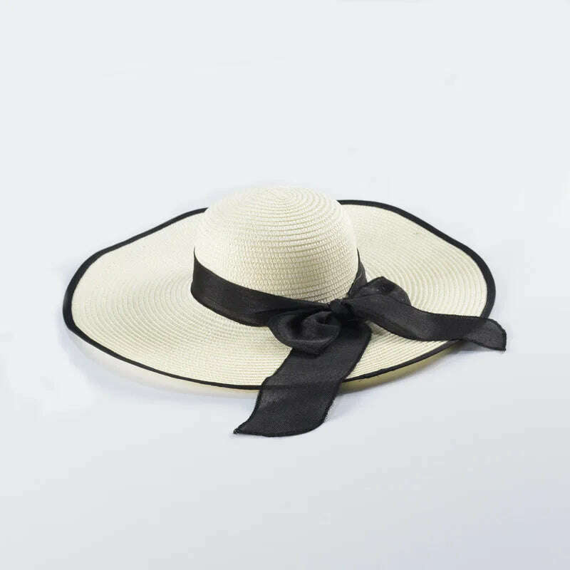 KIMLUD, 15CM Wide Brim Beach Straw Hats For Women Simple Foldable Summer Outing Sun Hat Fashion Flat Brom Bowknot Uv Protection Panama, White-black, KIMLUD Womens Clothes