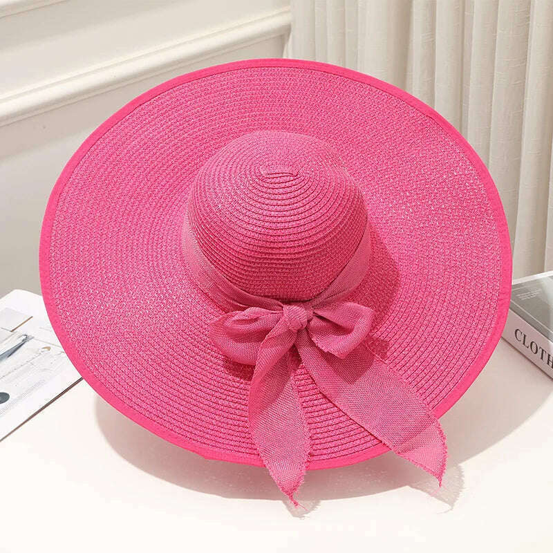 KIMLUD, 15CM Wide Brim Beach Straw Hats For Women Simple Foldable Summer Outing Sun Hat Fashion Flat Brom Bowknot Uv Protection Panama, rose Red, KIMLUD Womens Clothes