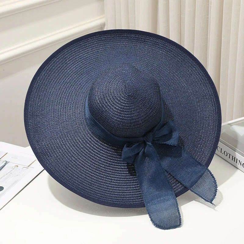15CM Wide Brim Beach Straw Hats For Women Simple Foldable Summer Outing Sun Hat Fashion Flat Brom Bowknot Uv Protection Panama - KIMLUD