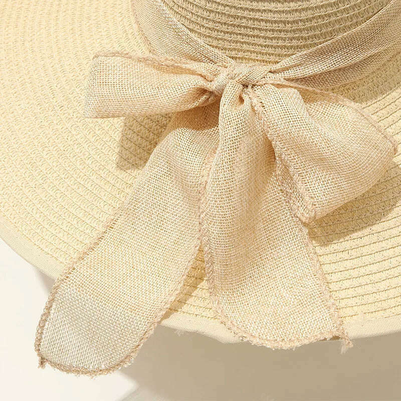 15CM Wide Brim Beach Straw Hats For Women Simple Foldable Summer Outing Sun Hat Fashion Flat Brom Bowknot Uv Protection Panama - KIMLUD