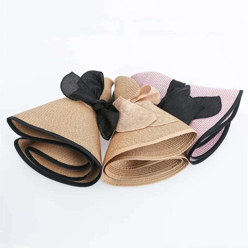 15CM Wide Brim Beach Straw Hats For Women Simple Foldable Summer Outing Sun Hat Fashion Flat Brom Bowknot Uv Protection Panama - KIMLUD
