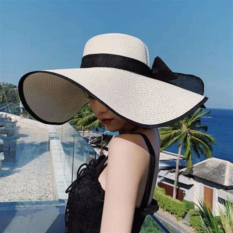 15CM Wide Brim Beach Straw Hats For Women Simple Foldable Summer Outing Sun Hat Fashion Flat Brom Bowknot Uv Protection Panama - KIMLUD