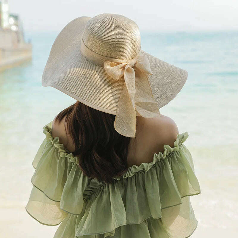 15CM Wide Brim Beach Straw Hats For Women Simple Foldable Summer Outing Sun Hat Fashion Flat Brom Bowknot Uv Protection Panama - KIMLUD