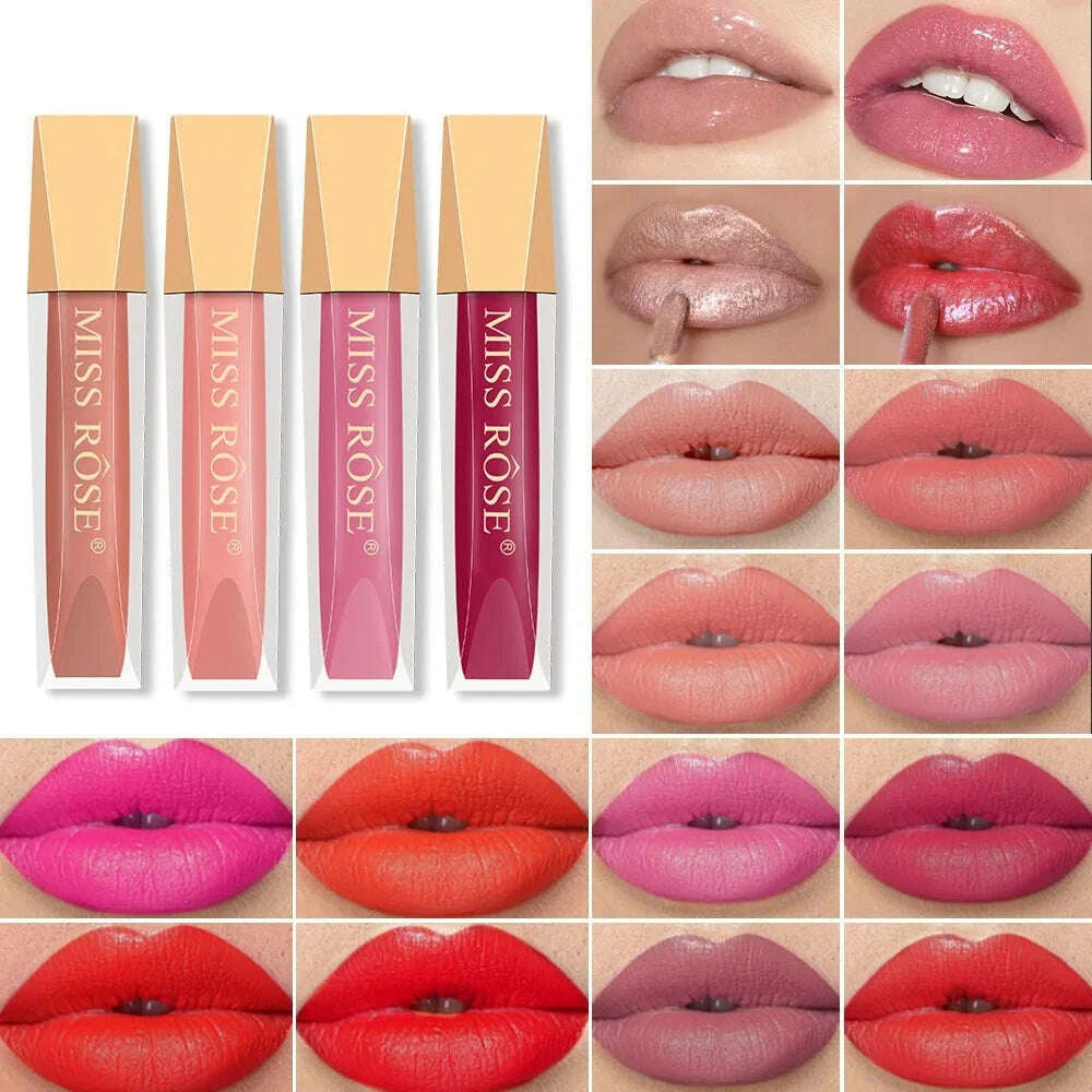KIMLUD, 16 Colors Lips Makeup Lip Gloss Matte Shimmer Glitter Metalic Lip Tint Waterproof Long Lasting Non Stick Cup Lqiuid Lipstick, KIMLUD Womens Clothes