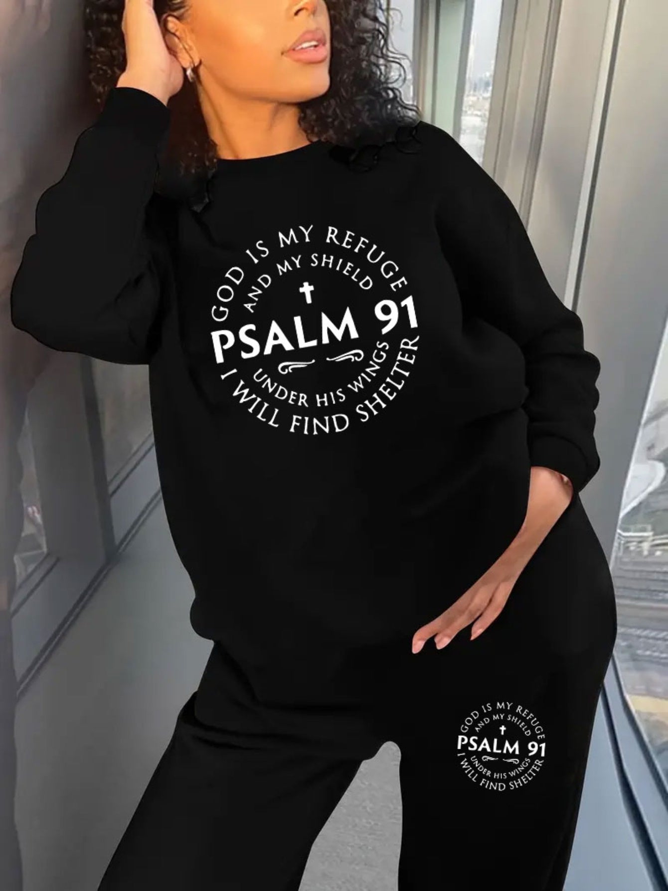 Plus Size Casual Psalm 91 Print Sweatshirt and Sweatpants Co-ord Set - Polyester & Spandex Knitted Fabric, Crew Neck, Slight Stretch, Alphabet Pattern