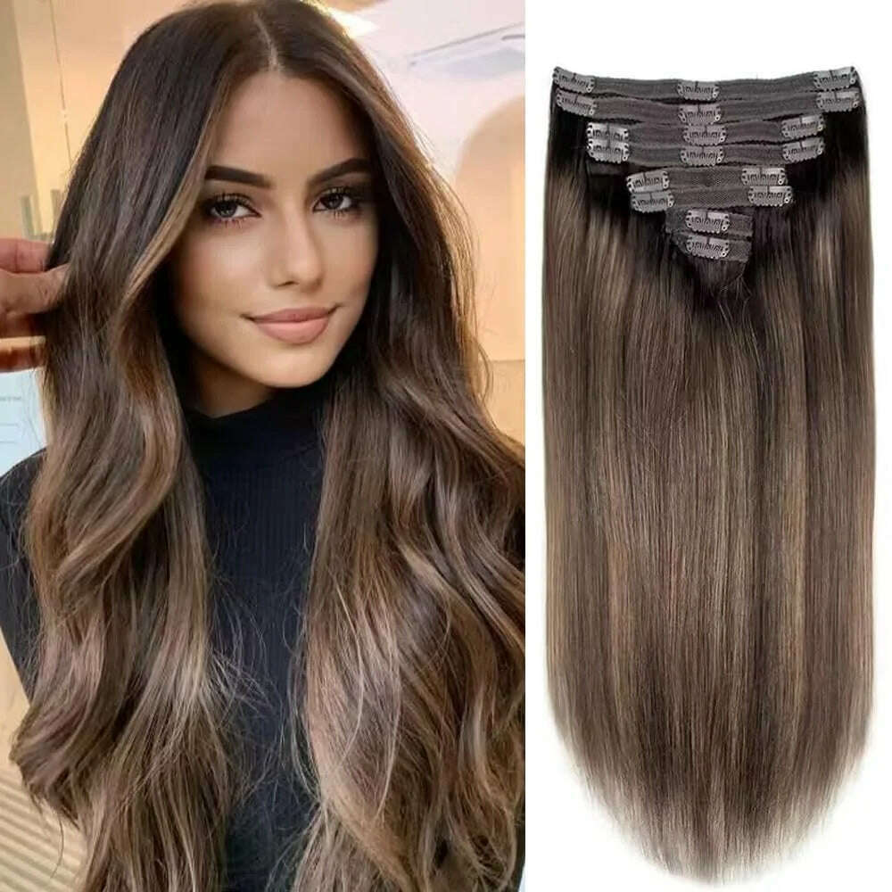 KIMLUD, 18 Clips In Hair Extensions 2/6/2 Colored Brazilian Straight 100% Human Hair 8 Pieces 16-26 Inches Hair Extensions for Women, 6 Months With Proper Care / 22INCHES / 30%-55%|150g/Set|CHINA, KIMLUD APPAREL - Womens Clothes