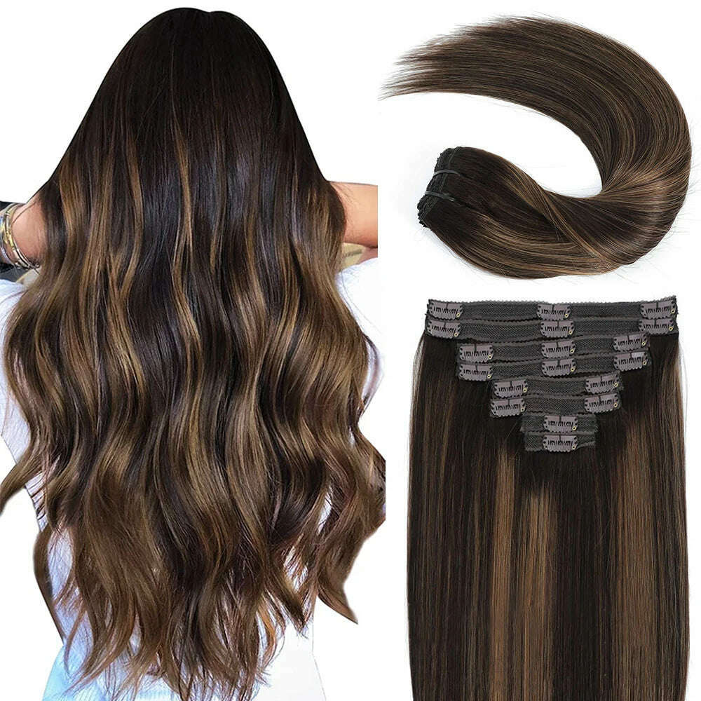 KIMLUD, 18 Clips In Hair Extensions 2/6/2 Colored Brazilian Straight 100% Human Hair 8 Pieces 16-26 Inches Hair Extensions for Women, KIMLUD Womens Clothes