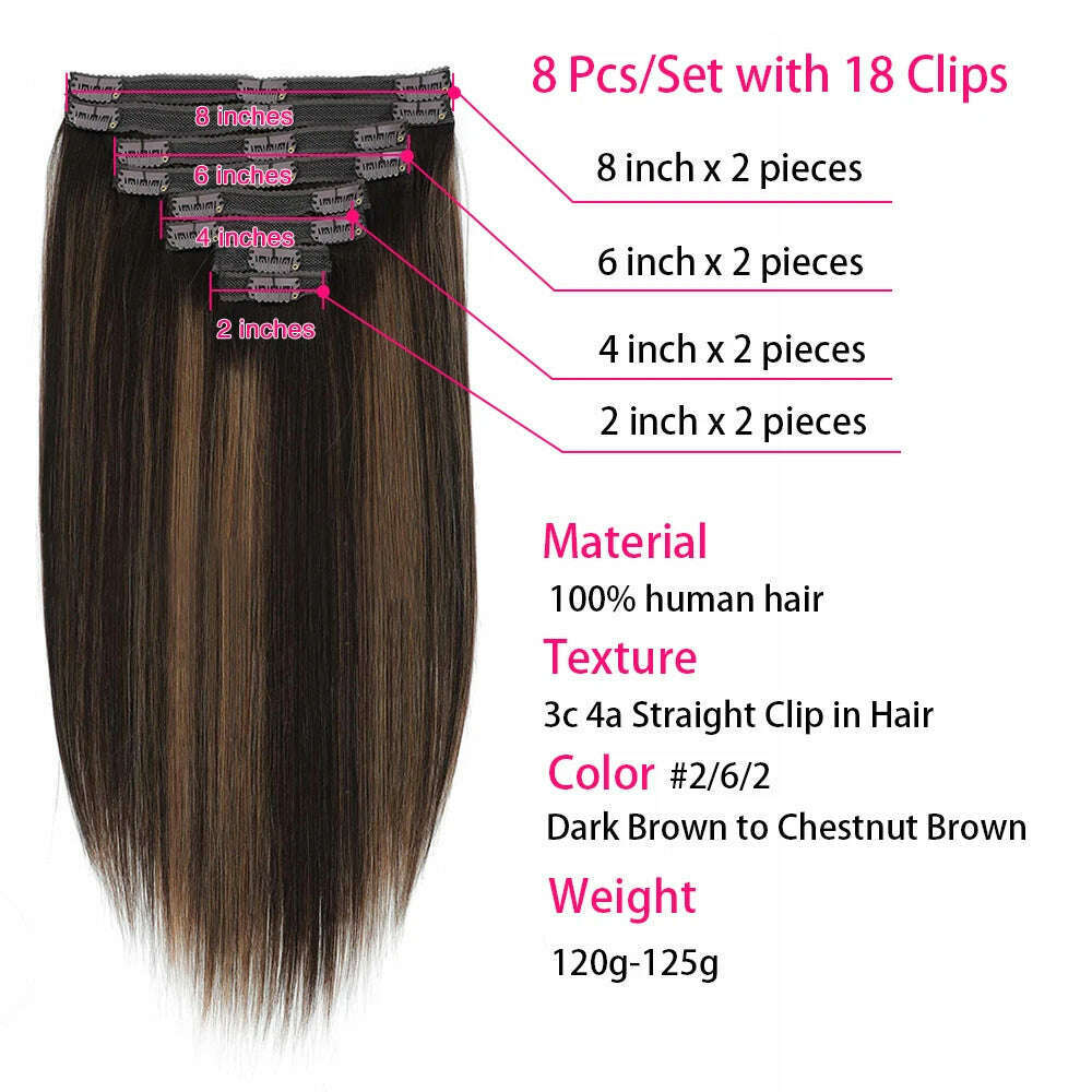 KIMLUD, 18 Clips In Hair Extensions 2/6/2 Colored Brazilian Straight 100% Human Hair 8 Pieces 16-26 Inches Hair Extensions for Women, KIMLUD Womens Clothes
