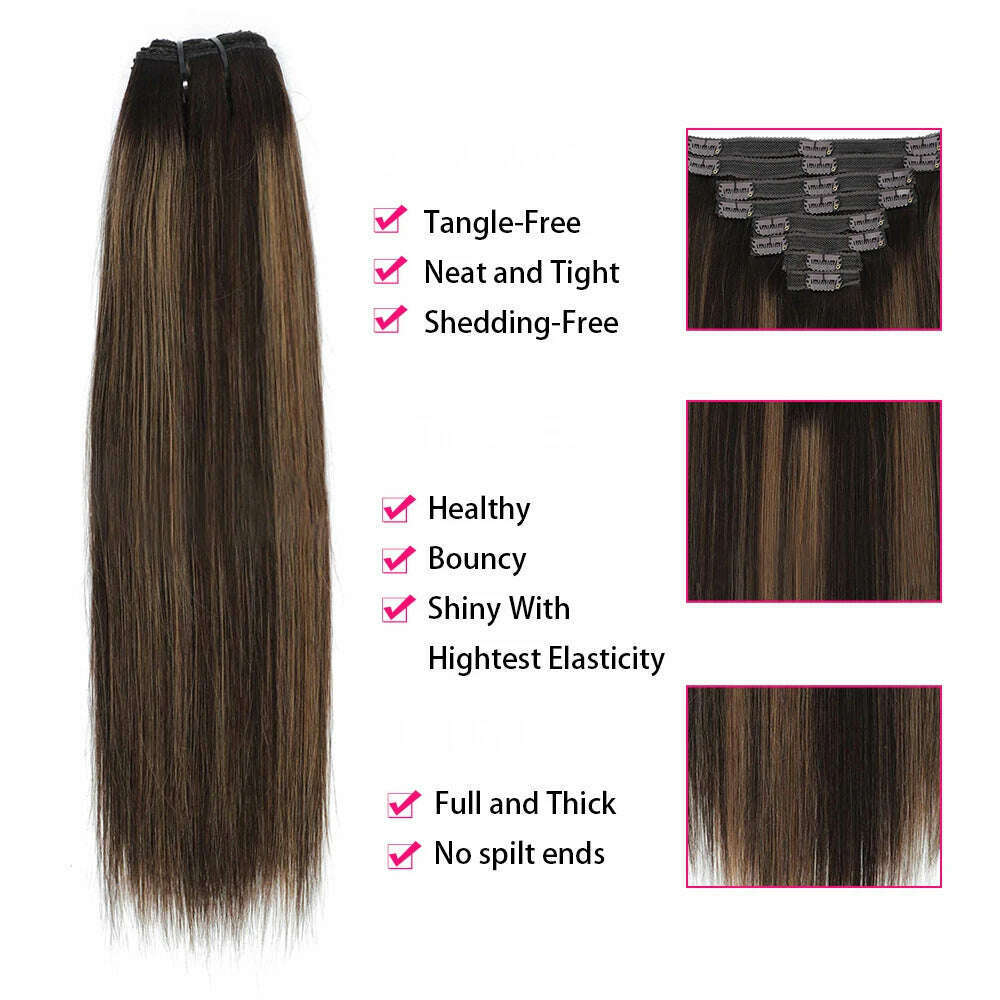 KIMLUD, 18 Clips In Hair Extensions 2/6/2 Colored Brazilian Straight 100% Human Hair 8 Pieces 16-26 Inches Hair Extensions for Women, KIMLUD Womens Clothes