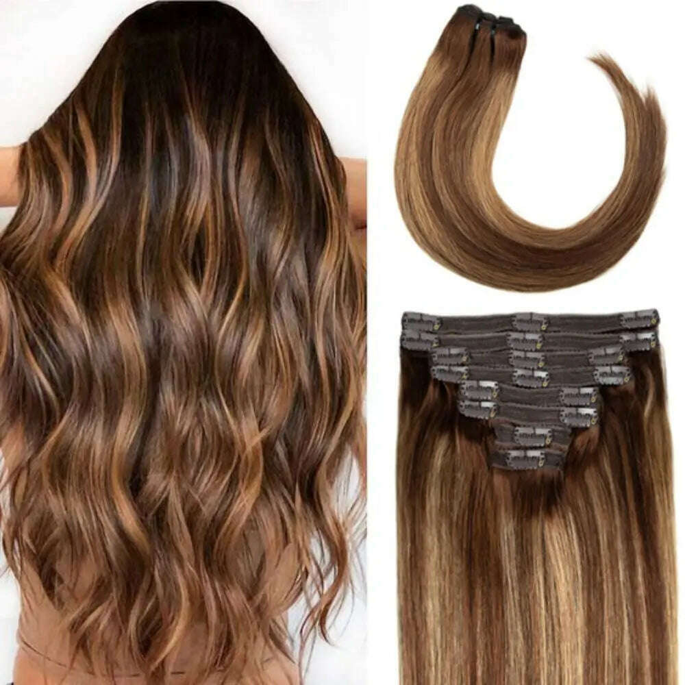 KIMLUD, 18 Clips in Hair Extensions 8pcs Human Hair Clip in Extensions 16-26 Inch Ombre Chocolate Brown Colored #4/27/4 In Huamn Hair, 18inches / >=60% / CHINA, KIMLUD APPAREL - Womens Clothes