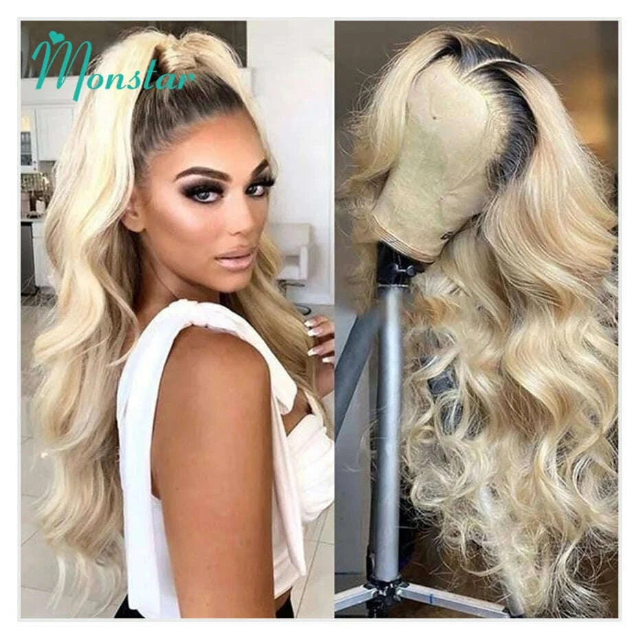 1B 613 Body Wave Human Hair Wig 13x6 Hd Lace Frontal Wig Brazilian 2 Tone Dark Root Ombre Blonde Lace Front Wigs For Black Women
