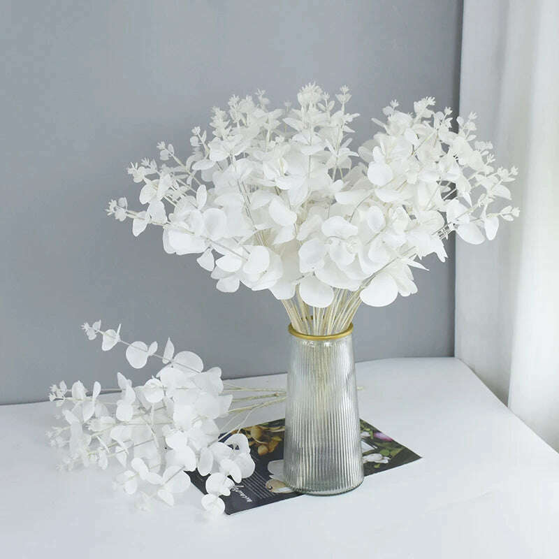 1bunch Simulation White Eucalyptus Wedding Party Hotel Scene Layout DIY Home Decoration Accessories Artificial Plant Photo Props - KIMLUD