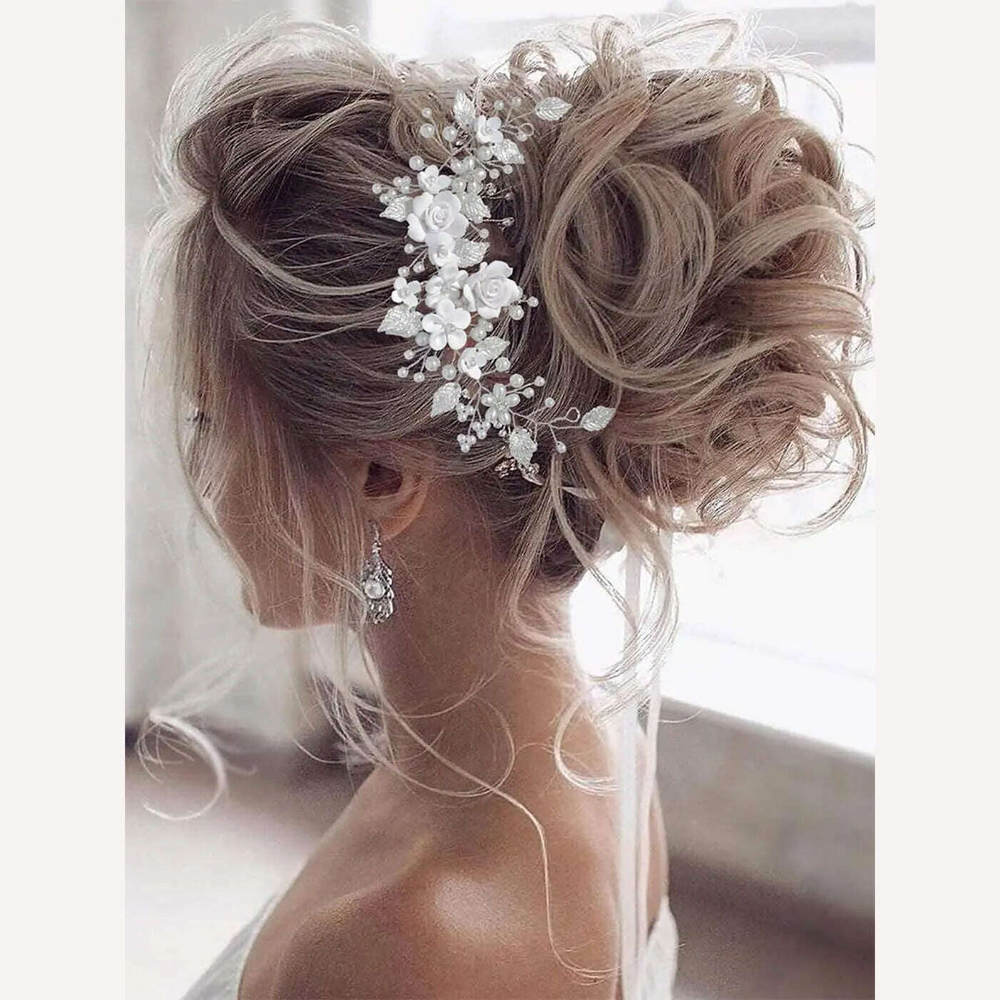 1Pc Flower Bride Wedding Hair Vine Pearl Bridal Hair Piece Leaf Hair Accessories Rhinestone Headband for Women and Girls - KIMLUD