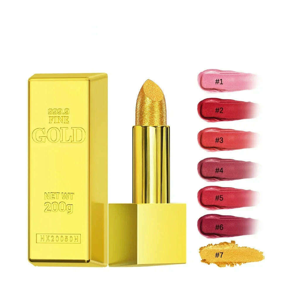 KIMLUD, 1PC Gold Glitter Lipstick Waterproof Pearlescent Glossy Sexy Shiny Red Lip Gloss for Moisturizing Lips Makeup Cosmetics 7 Colors, KIMLUD Womens Clothes