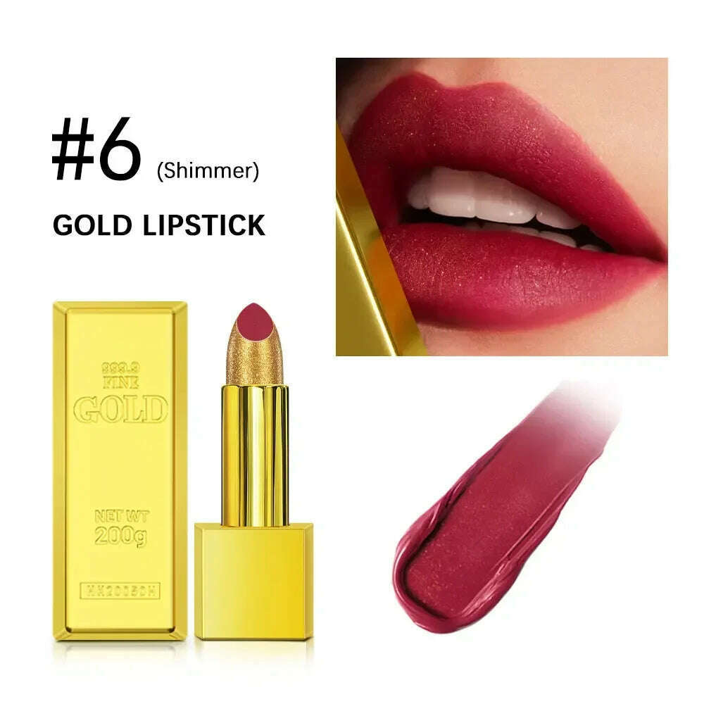KIMLUD, 1PC Gold Glitter Lipstick Waterproof Pearlescent Glossy Sexy Shiny Red Lip Gloss for Moisturizing Lips Makeup Cosmetics 7 Colors, 06, KIMLUD Women's Clothes