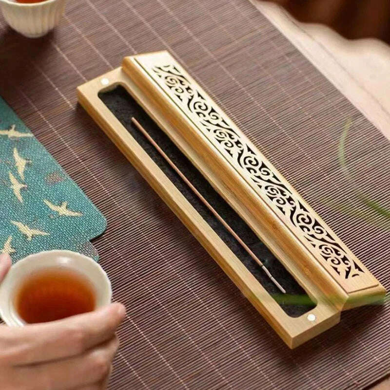 1pc Natural Bamboo Incense Burner With Laying Plate - Aromatherapy Wooden Box For Incense Storage And Burning - KIMLUD